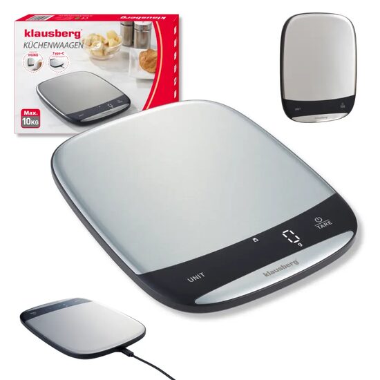 Cantar de bucatarie LED, capacitate 10 kg, precizie 1g, USB-C, gri, Klausberg