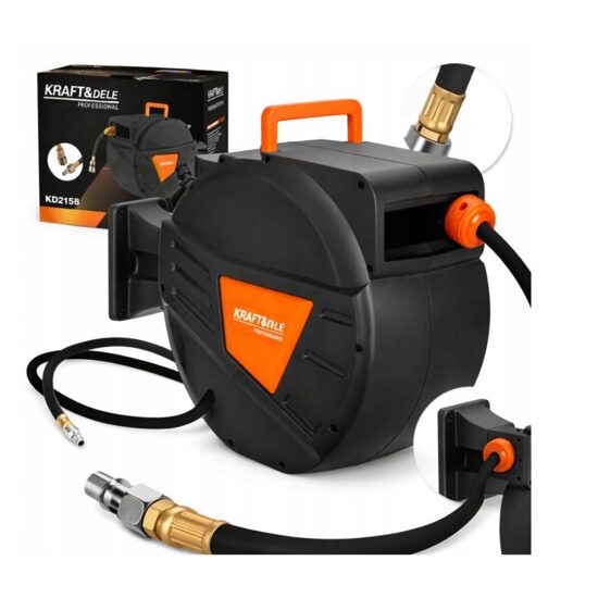 Tambur cu furtun pneumatic retractabil pentru aer comprimat, 30 metri, 1/4", 24 bari, Kraft