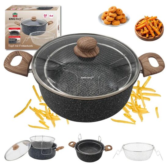 Oala pentru cartofi prajiti, 4 litri, 24 cm, cu cos si capac, neagra, Kinghoff