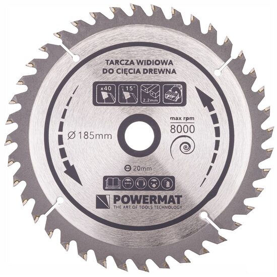 Disc, lama circular pentru lemn, 185 x 20, 40 dinti, Powermat