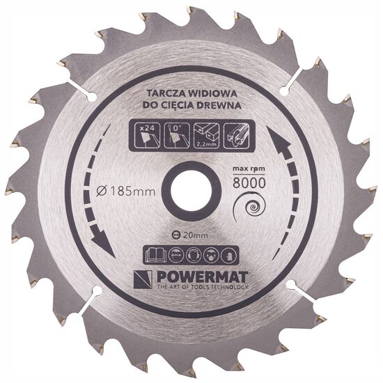 Disc, lama circular pentru lemn, 185 x 20, 24 dinti, Powermat