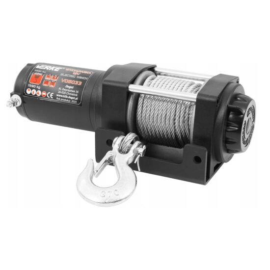 Troliu electric 12 V, tragere maxima 3500 lb, capacitate ridicare 1590 Kg, lungime calbu 12 m, grosime cablu 5.3 mm, Verke
