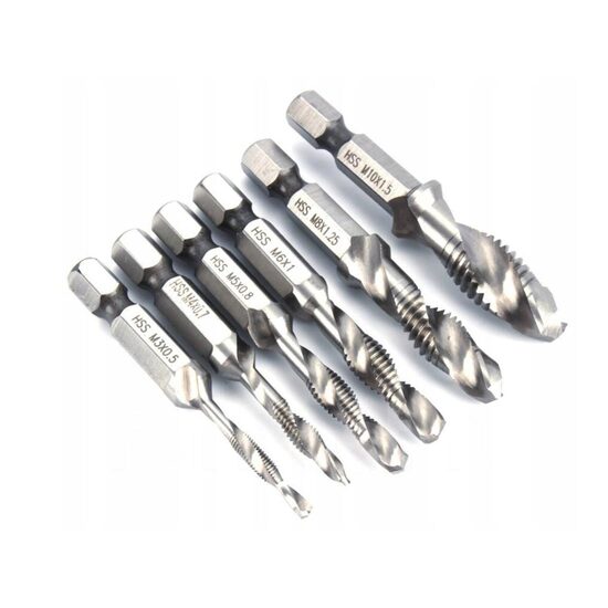 Set 6 burghie combinate pentru gaurire si filetare in metal, M3-M10, prindere hexagonală 1/4", prelungitor inclus, Verke