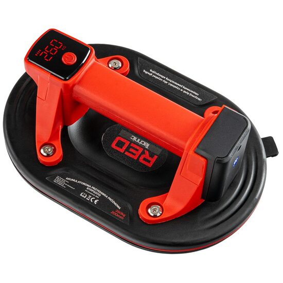 Ventuza cu acumulator si pompa de vid automata pentru sticla, faianta, gresie, diametru 200 mm, capacitate ridicare 260 kg, afișaj LCD, Red Technic