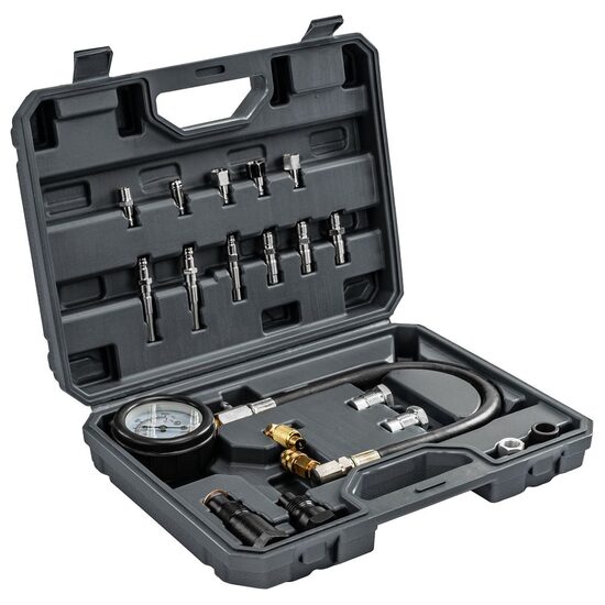 Tester de compresie pentru motoarele Diesel, interval de masura 0-70 bari, adaptoare bujii si injectoare, 19 piese, Powermat