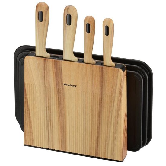 Set ustensile de bucatarie, 4 cutite din otel inoxidabil, 3 tocatoare negre, suport organizator cu efect de lemn, 8 piese, Klausberg