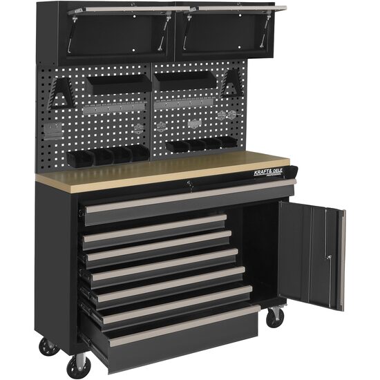 Set mobilier cu roti pentru atelier, banc de lucru mobil, 6 sertare, 3 dulapuri, panou perforat, Kraft
