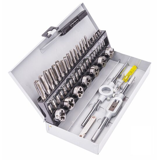 Set tarozi si filiere, M3 - M12, caseta metalica pentru transport, 32 piese, Powermat