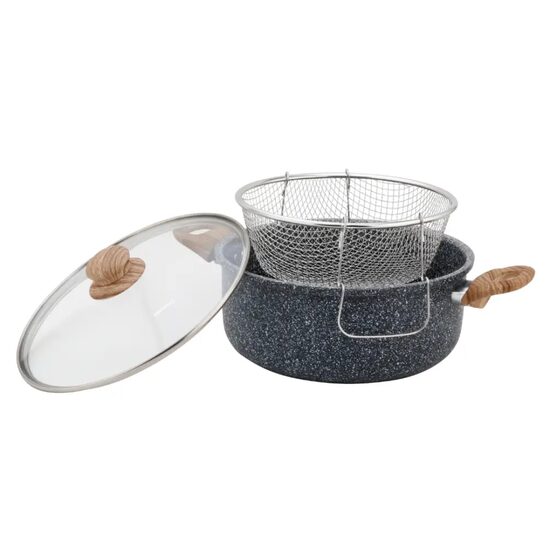Oala multifunctionala pentru prajit cartofi  cu cos si capac, capacitate 4 litri, diametru 24 cm, invelis marmorat, neagra, Kinghoff