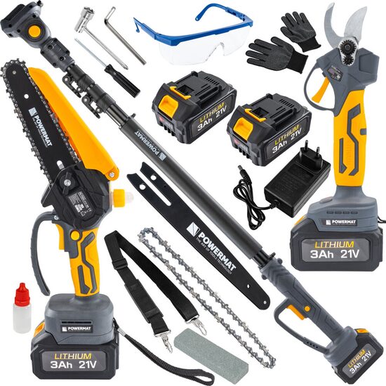 Setul scule multifunctional pentru gradinarit 3 în 1, minifierastrau cu lant pe acumulator, foarfeca electrica pentru crengi, brat telescopic reglabil, Powermat