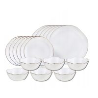 Set de farfurii pentru masa, din sticla opala, model cu linii aurii, 6 persoane, 18 piese, Kinghoff