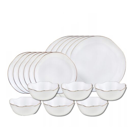 Set de farfurii pentru masa, din sticla opala, model cu linii aurii, 6 persoane, 18 piese, Kinghoff