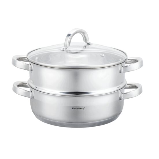 Set oala pentru gatit la abur, capac din sticla, otel inoxidabil, diametru 26 cm, capacitate 4,6 litri, 5 straturi, Klausberg