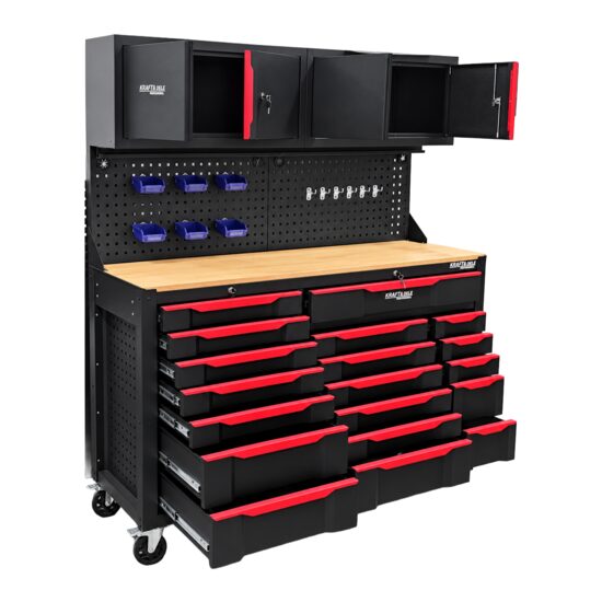 Set mobilier cu roti pentru atelier, banc de lucru mobil, 19 sertare, 2 dulapuri, panou perforat, Kraft