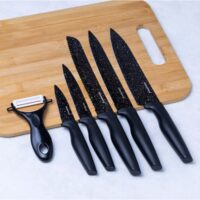 Set 5 cutite de bucatarie, curatator de fructe si legume, inox, negru, Klausberg