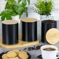 Recipiente pentru cafea, ceai, zahar, inox-bambus, negru, rotund, 3 piese, Klausberg